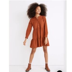 Madewell Flannel Button-Placket Tiered Mini Dress Warm Nutmeg XXL